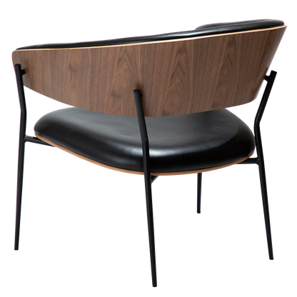 [var:Bezug=Vintage schwarzes Kunstleder und Walnussfurnier mit schwarzen Metallbeinen] CRIB Lounge-Stuhl