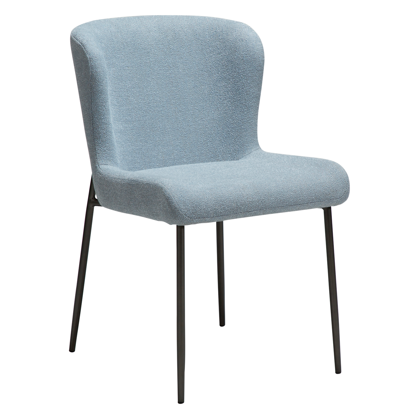 [var:Bezug=Blue Fog Bouclé-Stoff mit antiken Zinnmetallbeinen] GLAM Stuhl