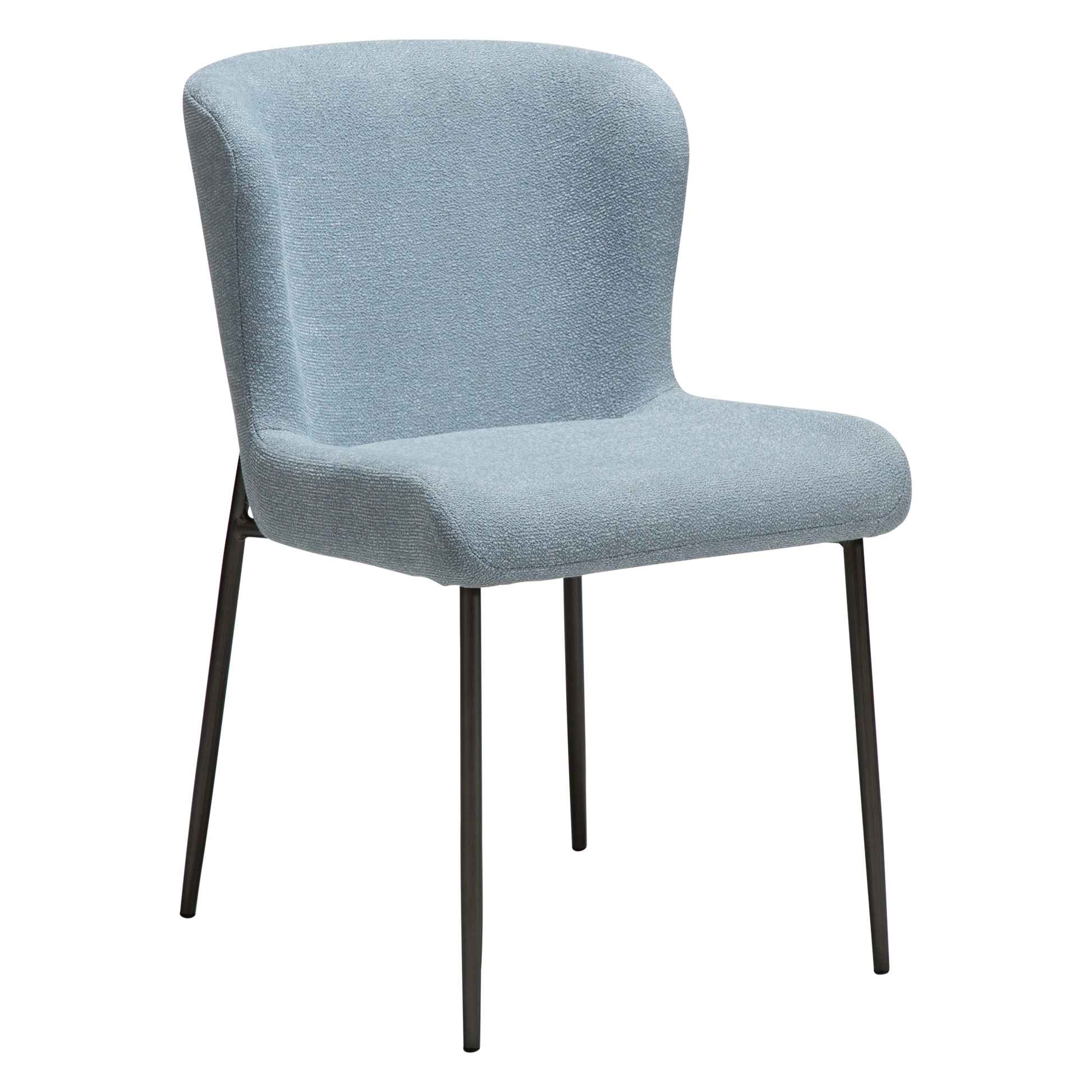 [var:Bezug=Blue Fog Bouclé-Stoff mit antiken Zinnmetallbeinen] GLAM Stuhl