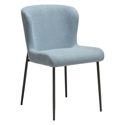 [var:Bezug=Blue Fog Bouclé-Stoff mit antiken Zinnmetallbeinen] GLAM Stuhl