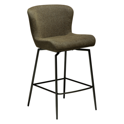 [var:Bezug=Dunkelolivfarbenes Bouclé-Gewebe mit antiken Zinnbeinen] GLAM Dreh-Thekenhocker