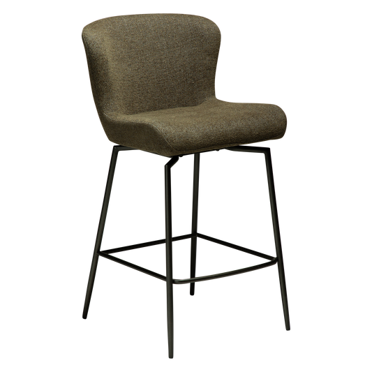 [var:Bezug=Dunkelolivfarbenes Bouclé-Gewebe mit antiken Zinnbeinen] GLAM Dreh-Thekenhocker