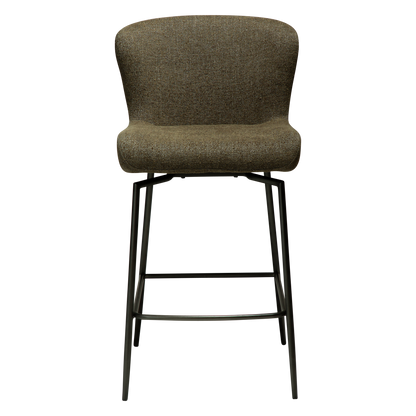 [var:Bezug=Dunkelolivfarbenes Bouclé-Gewebe mit antiken Zinnbeinen] GLAM Dreh-Thekenhocker