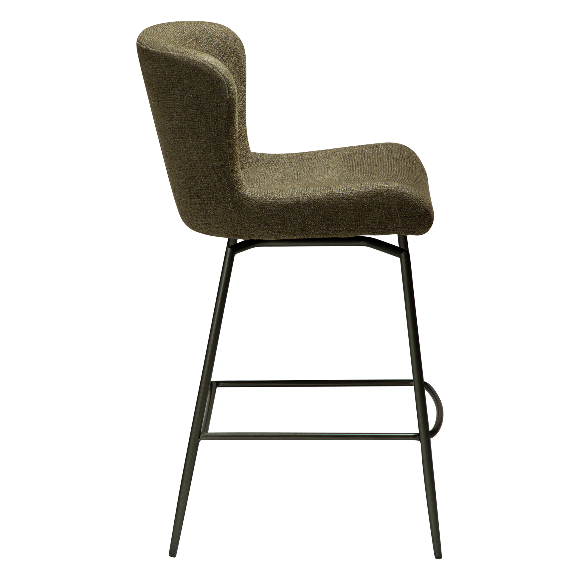 [var:Bezug=Dunkelolivfarbenes Bouclé-Gewebe mit antiken Zinnbeinen] GLAM Dreh-Thekenhocker