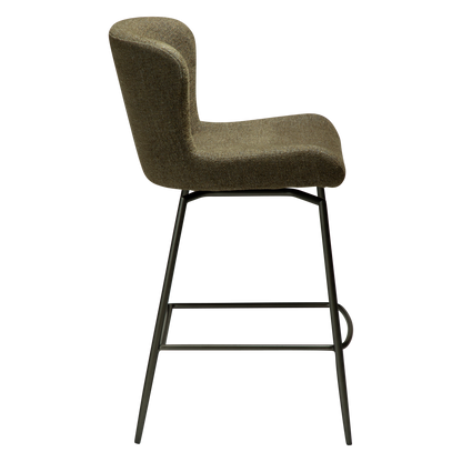 [var:Bezug=Dunkelolivfarbenes Bouclé-Gewebe mit antiken Zinnbeinen] GLAM Dreh-Thekenhocker