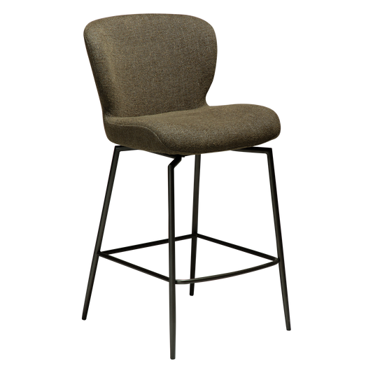 [var:Bezug=Dunkelolivfarbener Bouclé-Stoff mit antiken Zinn-Schwenkbeinen] GLORY Drehhocker