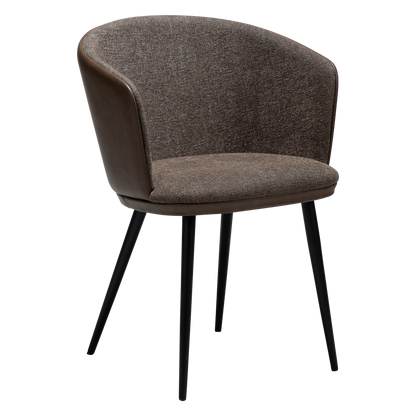 [var:Bezug=Hauptsächlich braunes Bouclé-Gewebe und Kunstleder mit schwarzen Metallbeinen] HEY Sessel