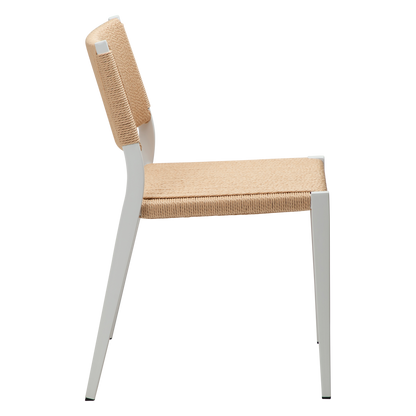 [var:Bezug=Natürlicher Papierseilsitz mit weiß lackierten Beinen] LOOP Stuhl