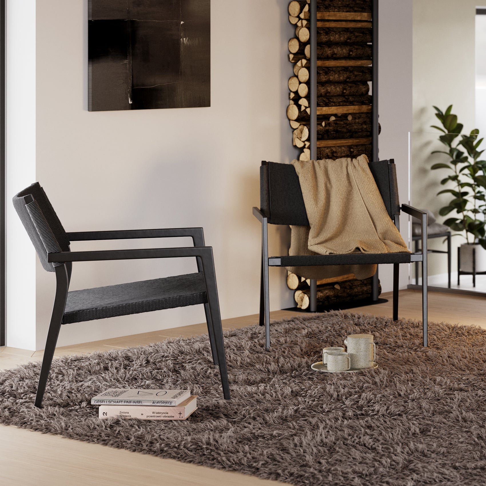 [var:Bezug=Schwarzer Papierdraht mit schwarzen Metallbeinen] LOOP Lounge-Sessel