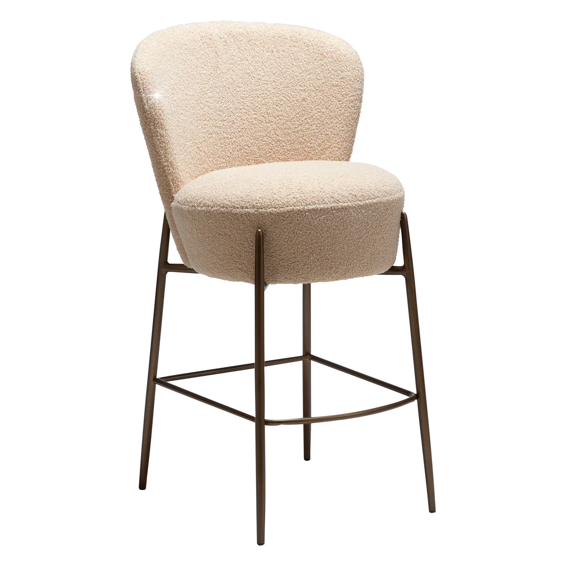 [var:Bezug=Frosted Almond RPES Bouclé-Stoff mit Schimmer und antiken Messingbeinen] ORBIT Barhocker
